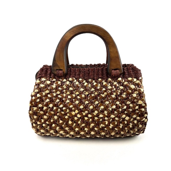 Vintage Woven Top Handle Medium Sized Handbag • Straw and Natural Fibers • Wood - Picture 2 of 10